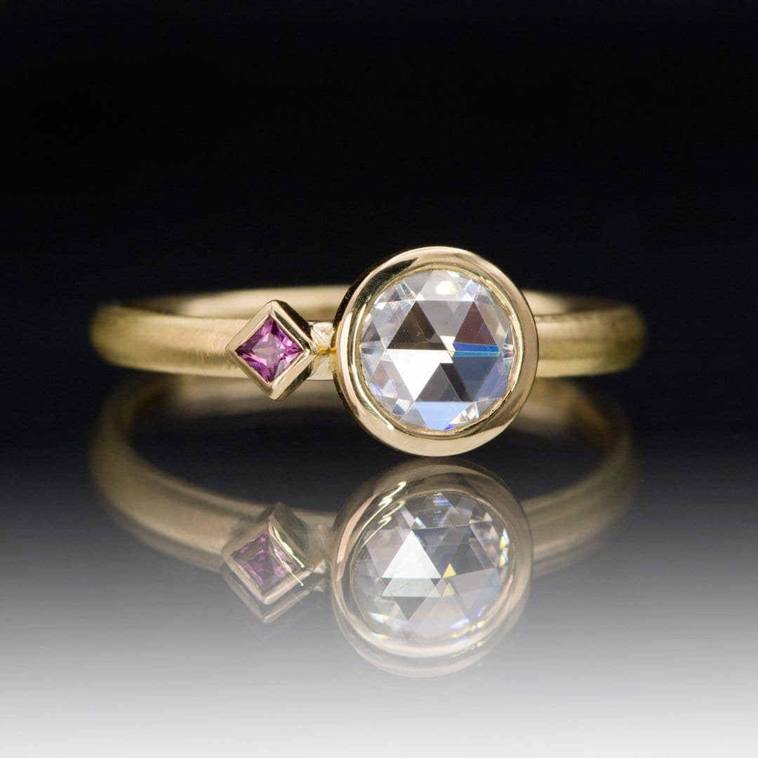 Rose Cut Moissanite & Accent Princess Ruby Bezel Set Engagement Ring
