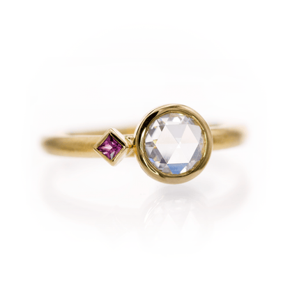 Rose Cut Moissanite & Accent Princess Ruby Bezel Set Engagement Ring 18k Yellow Gold Ring by Nodeform