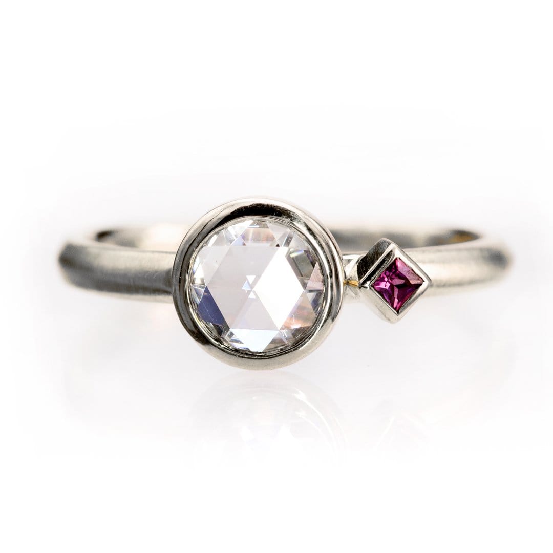 Rose Cut Moissanite & Accent Princess Ruby Bezel Set Engagement Ring 14k White Gold Ring by Nodeform