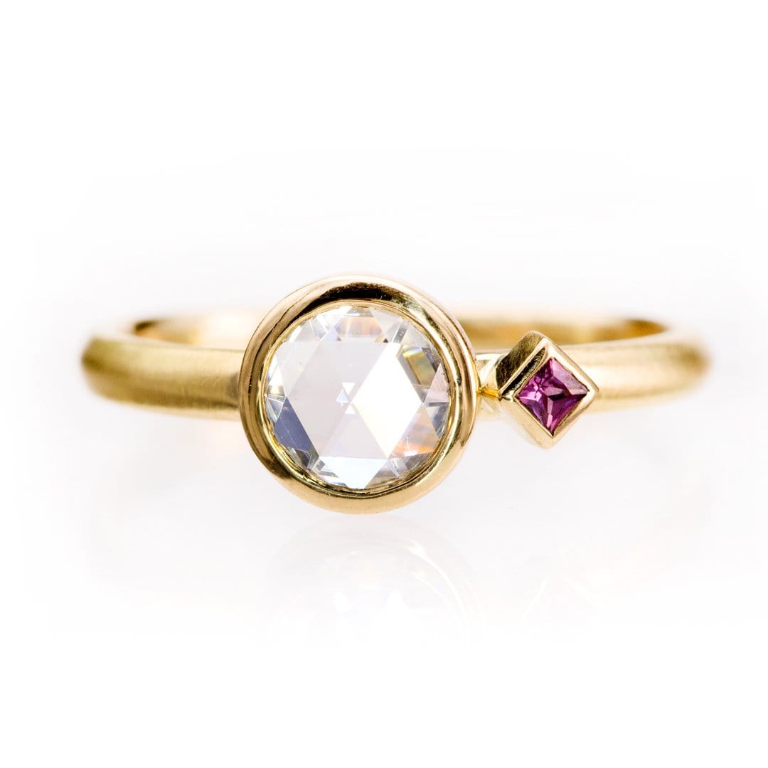 Rose Cut Moissanite & Accent Princess Ruby Bezel Set Engagement Ring 14k Yellow Gold Ring by Nodeform