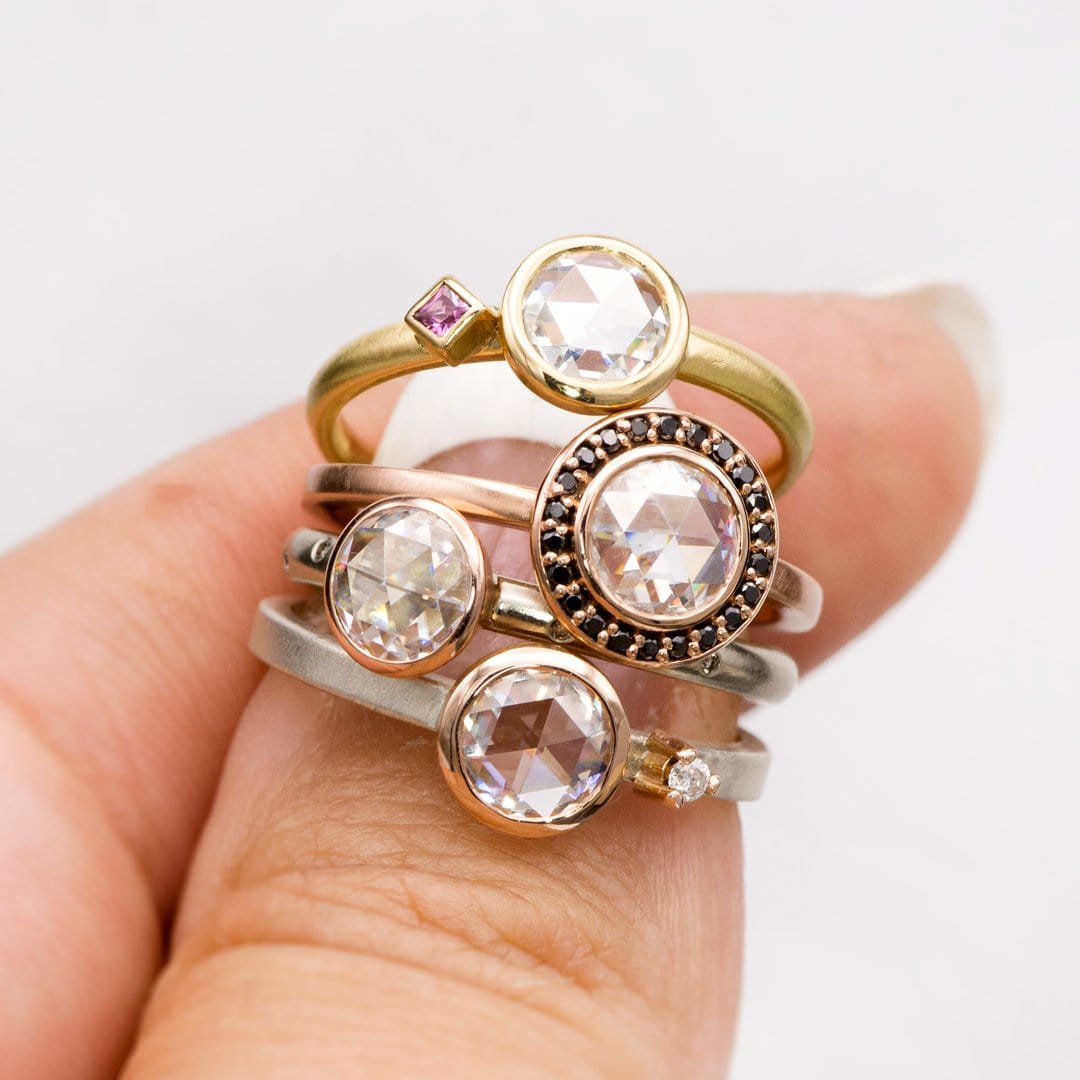 Mixed Metal Bezel Set Rose Cut Moissanite & Accent Engagement Stacking Ring Ring by Nodeform