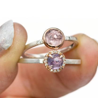 Mixed Metal Purple Rose Cut Sapphire & Diamond Rose Gold Halo Ring, Ready to ship Ring Ready To Ship by Nodeform