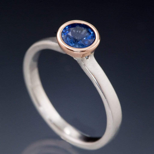 Mixed Metal Chatham Blue Sapphire Bezel Solitaire Engagement Ring 5mm/0.7ct Chatham Blue Sapphire / 14k Rose Gold Ring by Nodeform