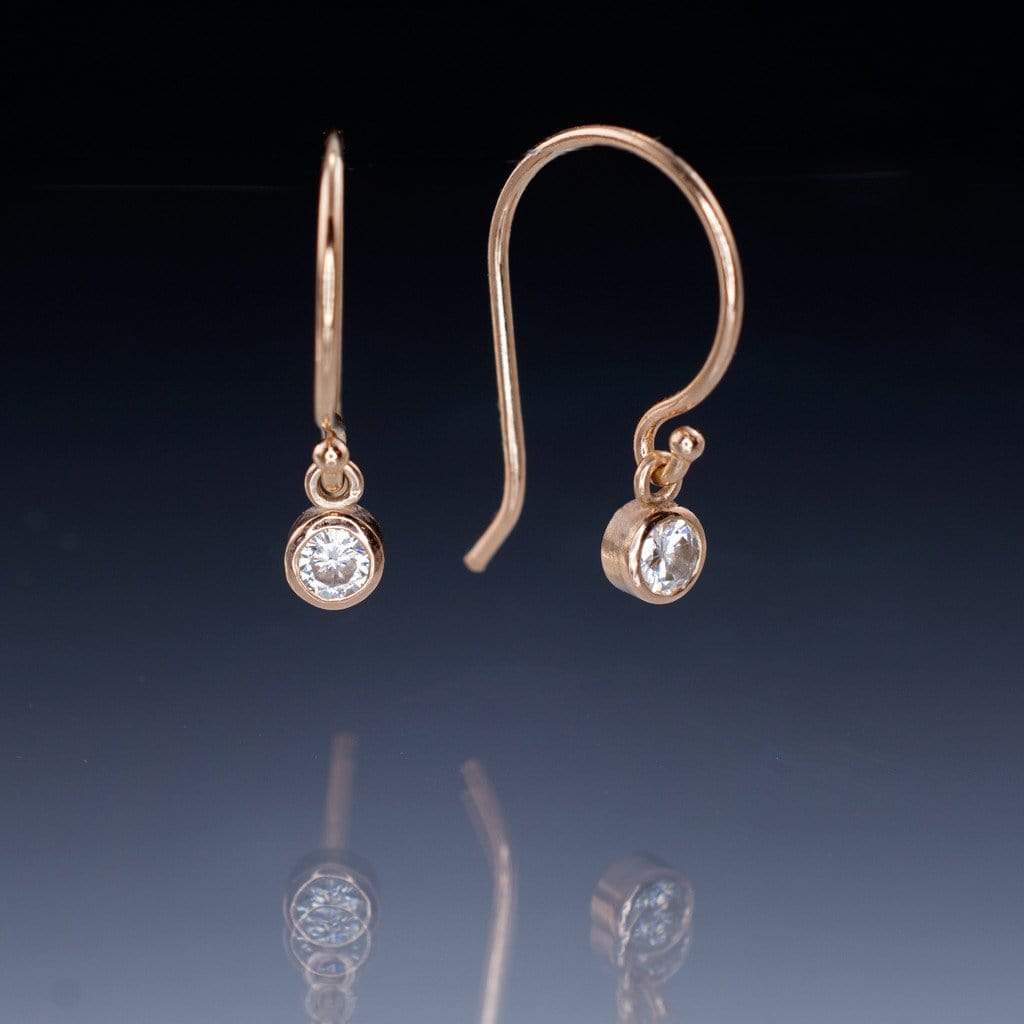 Moissanite Round Bezel Dangle Earrings 3mm Colorless Forever One Moissanites / 14k Rose Gold Earrings by Nodeform