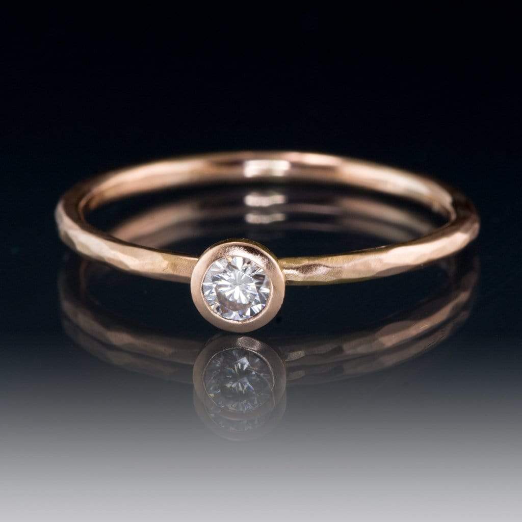Moissanite Hammer Textured Skinny Stacking Promise Ring 14k Rose Gold / 3.5mm Colorless Forever One Moissanite Ring by Nodeform