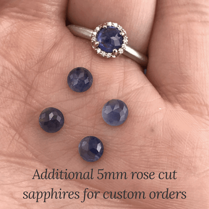 Blue Rose Cut Sapphire & White Diamond Halo White Gold Engagement Ring, size 4 to 9 Ready to ship Ring Ready To Ship by Nodeform