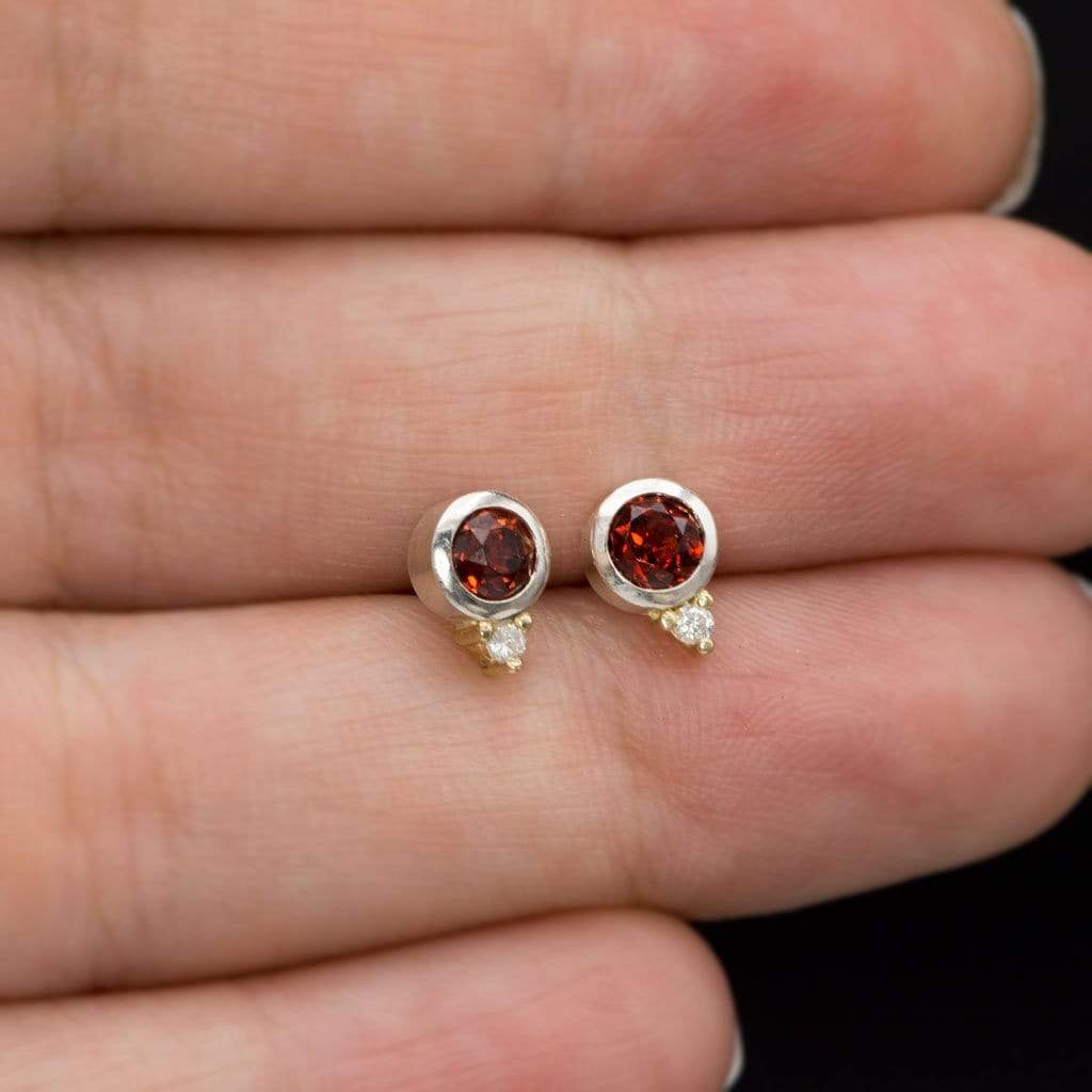 Garnet Bezel Set Sterling Silver Stud Earrings With Yellow Gold Moissanite Accents, Ready to Ship Earrings by Nodeform