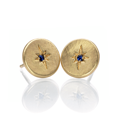 Blue Sapphire Star Set Round Disk Stud Earrings 14k Yellow Gold Earrings by Nodeform