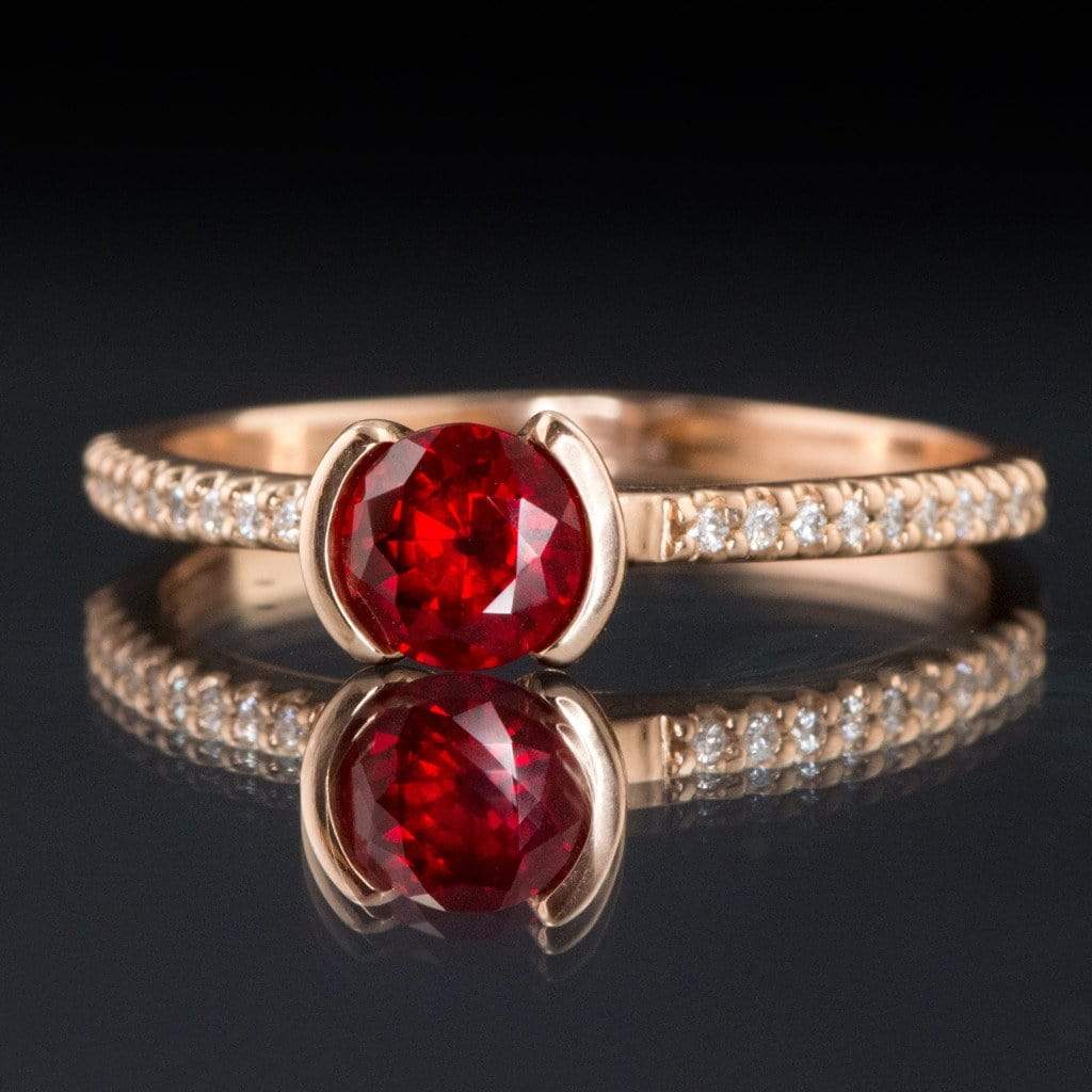 Chatham Ruby Round Half Bezel Diamond Micro Pave Engagement Ring Ring by Nodeform