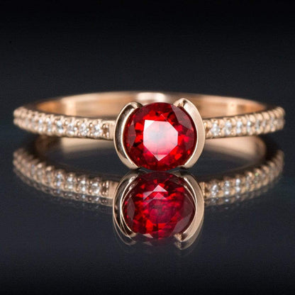 Chatham Ruby Round Half Bezel Diamond Micro Pave Engagement Ring Ring by Nodeform