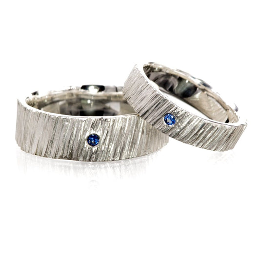 Saw Cut Texture Wedding Bands Ring Set With Flush Set Blue Sapphires Sterling Silver / 5mm & 7mm width Ring Set by Nodeform