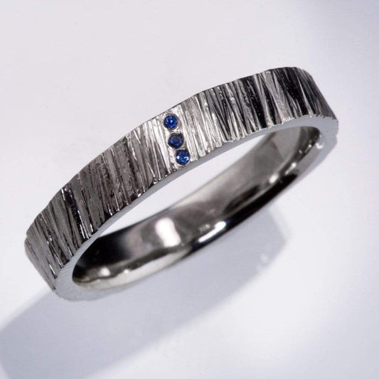 Saw Cut Texture Wedding Band With 3 Blue Sapphire Accents Ring by Nodeform