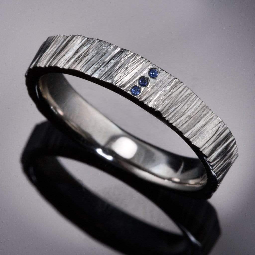 Saw Cut Texture Wedding Band With 3 Blue Sapphire Accents Ring by Nodeform