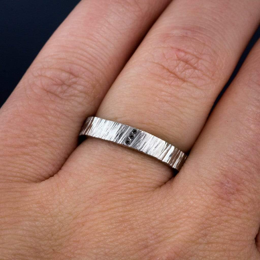 Saw Cut Texture Wedding Band With 3 Black Diamond Accents Ring by Nodeform