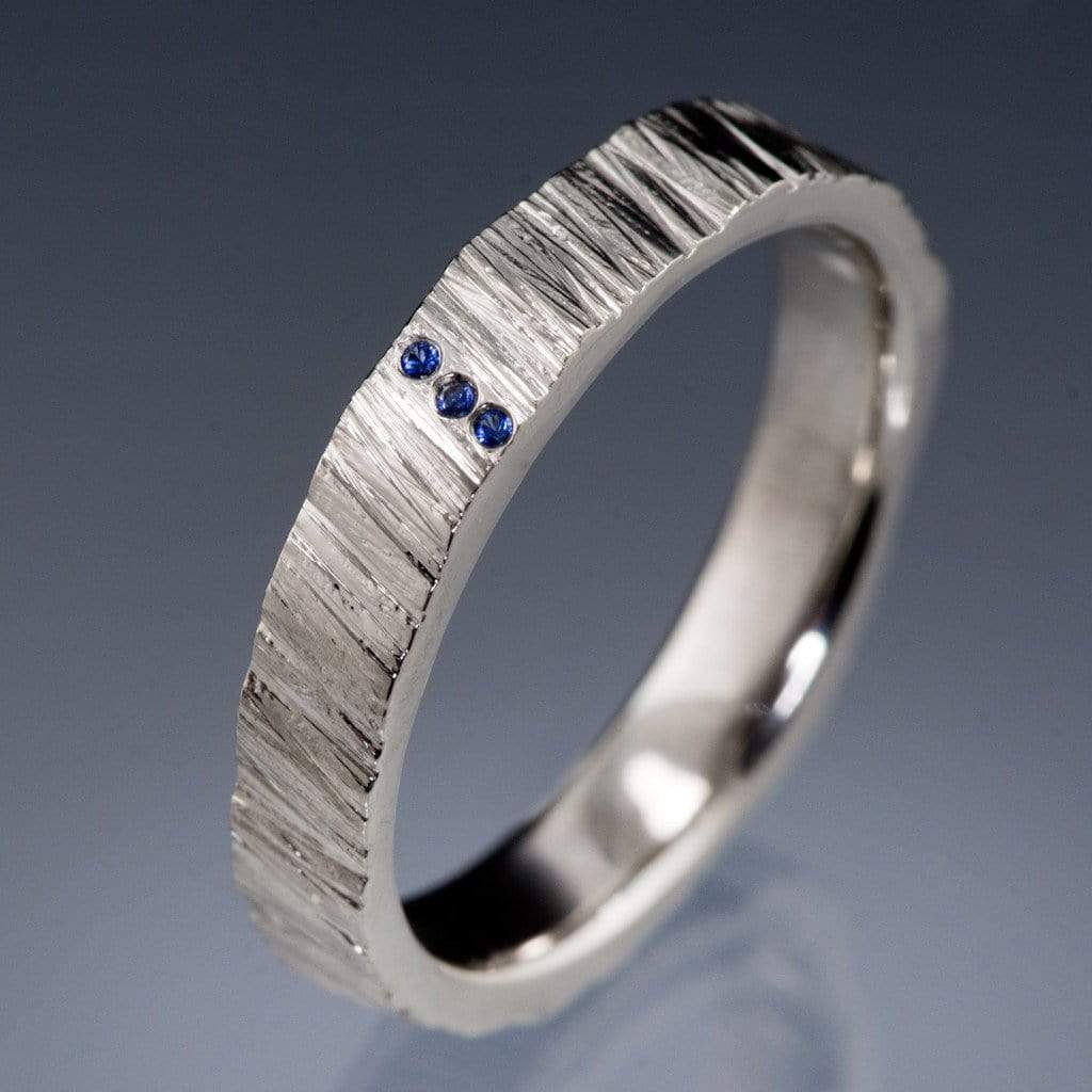 Saw Cut Texture Wedding Band With 3 Blue Sapphire Accents 3.5mm wide / Sterling Silver Ring by Nodeform