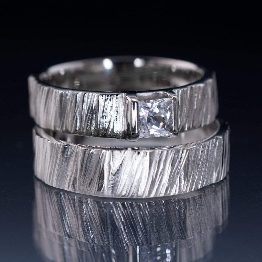 Saw Cut Textured Wedding Ring Set with Princess Cut White Sapphire Ring Set by Nodeform