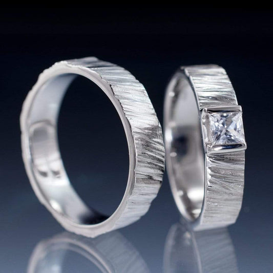 Saw Cut Textured Wedding Ring Set with Princess Cut White Sapphire Sterling Silver Ring Set by Nodeform