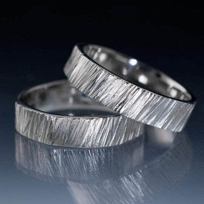 Set of 2 Wide Saw Cut Texture Wedding Bands Sterling Silver / 4mm Ring Set by Nodeform