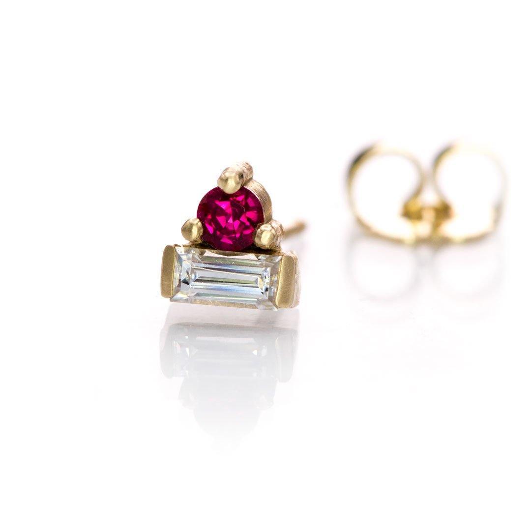Baguette Moissanite and Chatham Ruby Cluster 14k Yellow Gold Stud Earring (Single), Ready to Ship Earrings by Nodeform