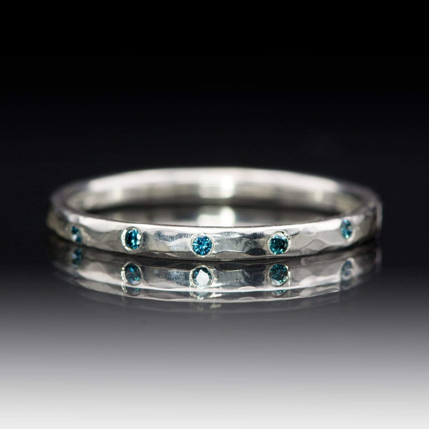 Skinny Teal Diamond Wedding Ring Thin Hammered Texture Wedding Band 14kPD White Gold / All Teal Diamonds / 5 Diamonds Ring by Nodeform