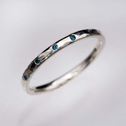 Skinny Teal Diamond Wedding Ring Thin Hammered Texture Wedding Band Ring by Nodeform