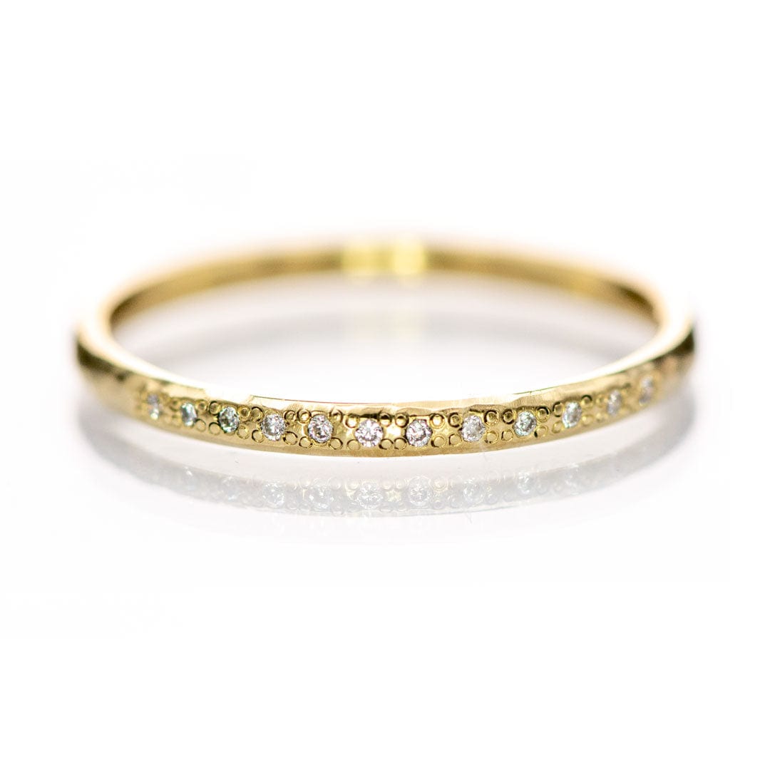Hammered Texture Bead Set Diamond Thin Wedding Ring 14k Yellow Gold / 5 Diamonds Ring by Nodeform