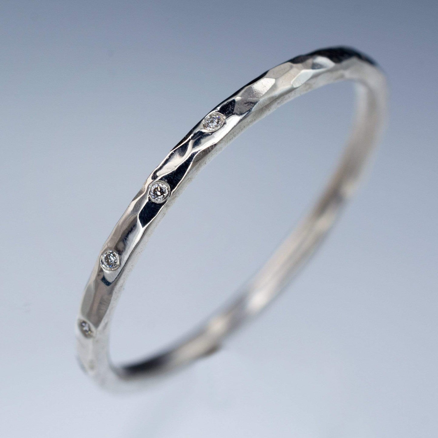 Thin Diamond Wedding Ring Skinny Gold Hammered Texture Wedding Band 1.5mm wide / 14kX1 Nickel White Gold / 5 Diamonds Ring by Nodeform