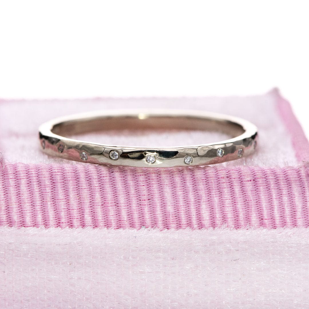 Thin Diamond Wedding Ring Hammered Texture 14kPD White Gold Wedding Band, Ready to Ship Ring Ready To Ship by Nodeform