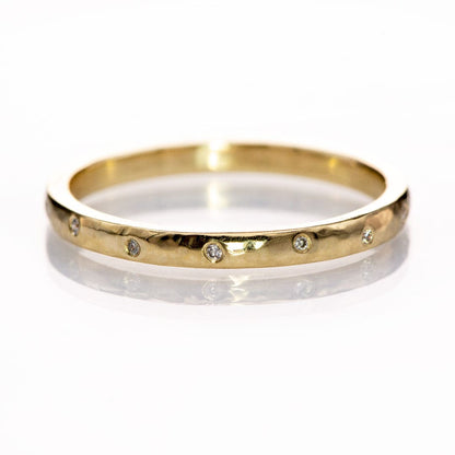 Thin Diamond Wedding Ring Skinny Gold Hammered Texture Wedding Band 2mm wide / 18k Yellow Gold / 5 Diamonds Ring by Nodeform