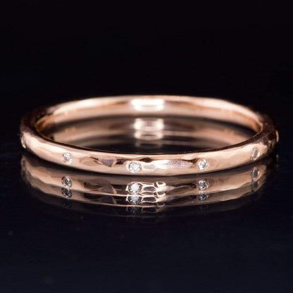 Thin Diamond Wedding Ring Skinny Hammered Texture Gold Wedding Band 14k Rose Gold / 1.5mm wide / 5 Diamonds Ring by Nodeform