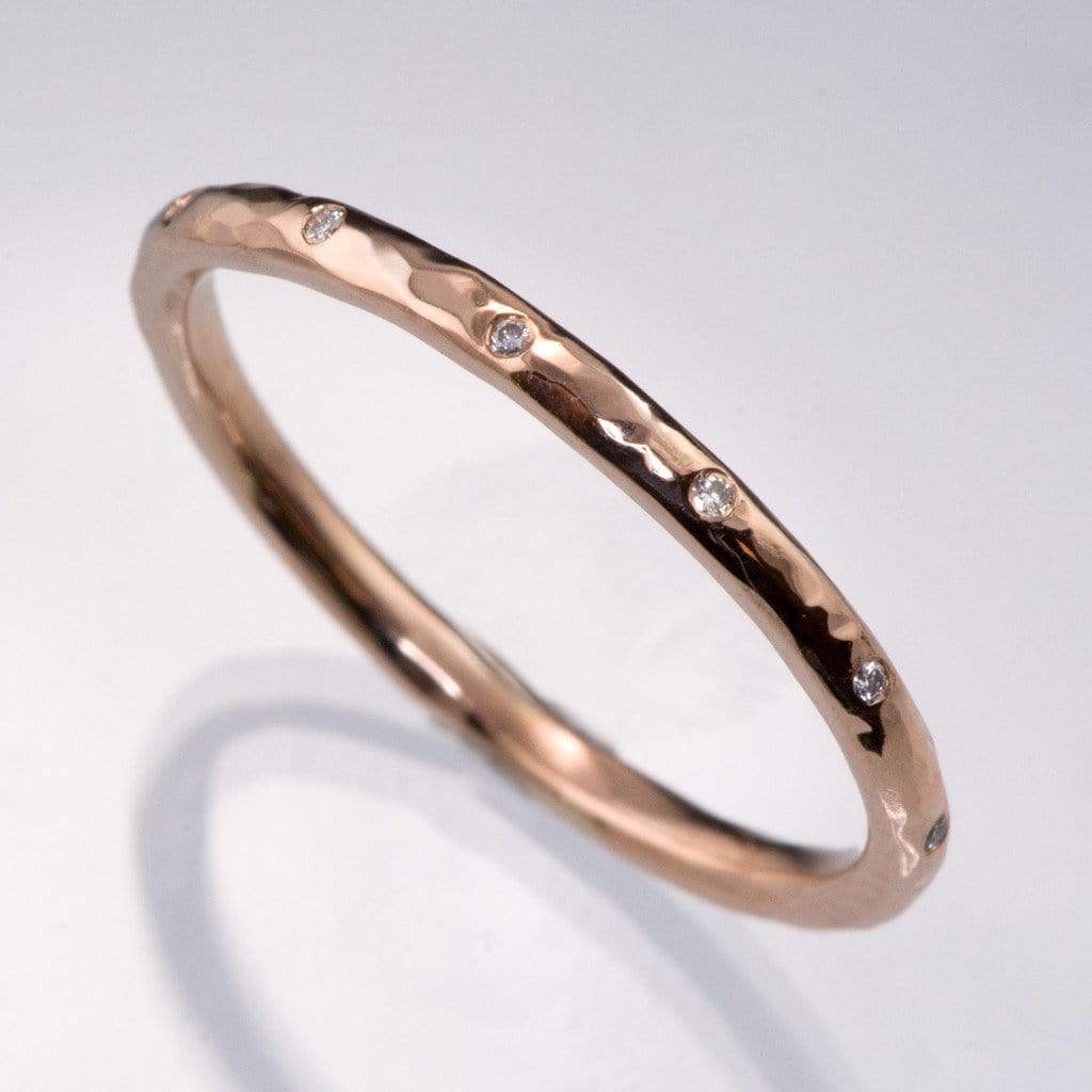 Thin Diamond Wedding Ring Skinny Hammered Texture Wedding Band 5 Diamonds / 18k Rose Gold Ring by Nodeform