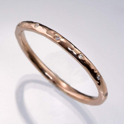 Thin Diamond Wedding Ring Skinny Gold Hammered Texture Wedding Band 1.5mm wide / 14k Rose Gold / 9 Diamonds Ring by Nodeform