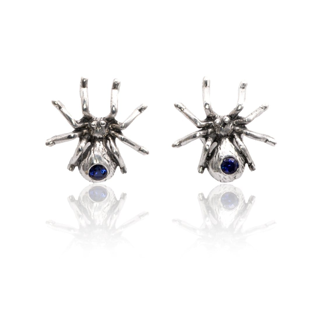 Blue Sapphire Spider Sterling Silver Stud Earrings, Ready to Ship Earrings by Nodeform