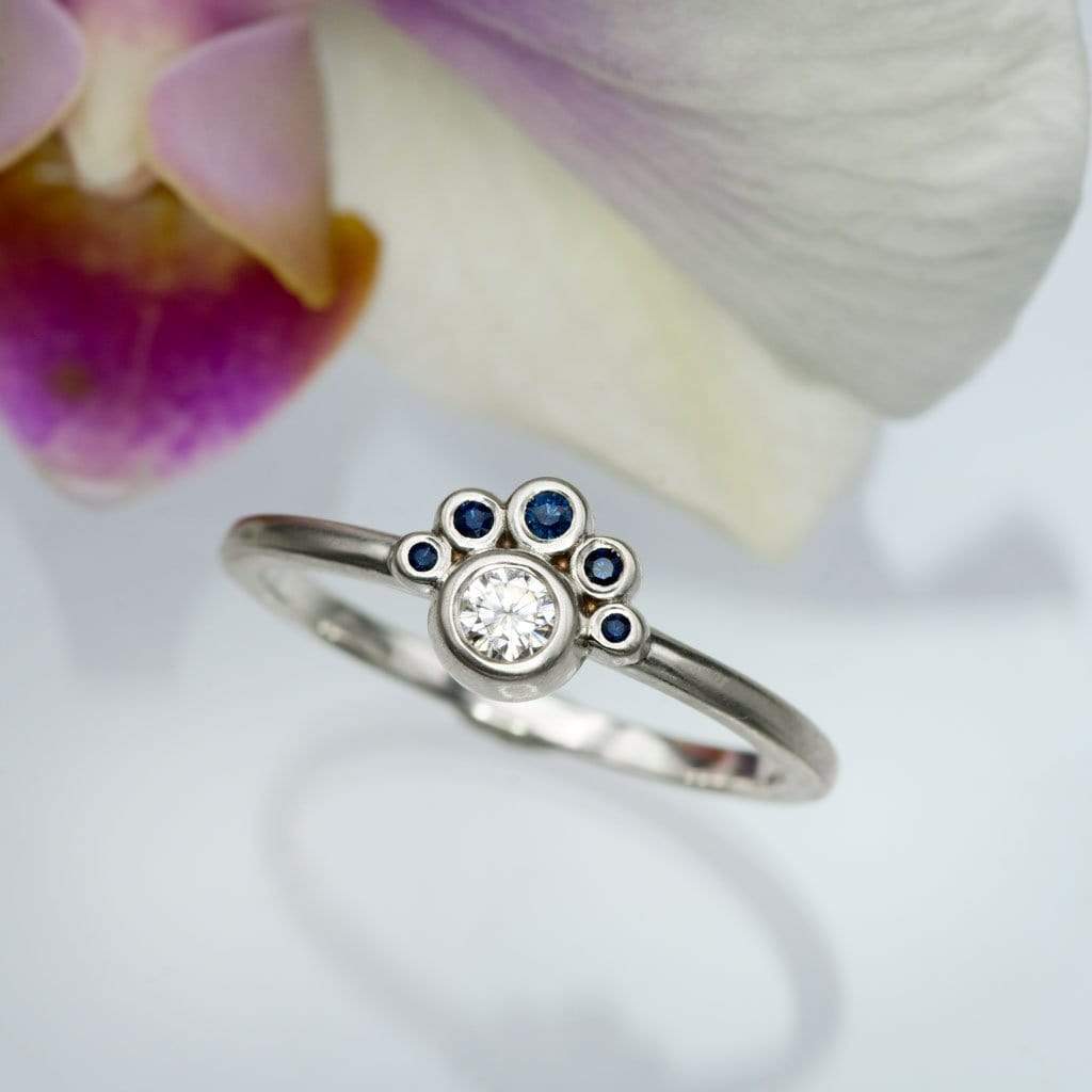 Half Halo Stacking Ring, Bezel Set Moissanite & Australian Blue Sapphire Accents Ready to Ship Sterling Silver Ring Ready To Ship by Nodeform