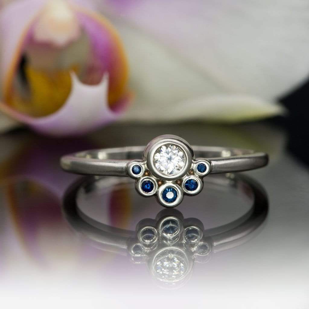 Half Halo Stacking Ring, Bezel Set Moissanite & Australian Blue Sapphire Accents Ready to Ship Sterling Silver Ring Ready To Ship by Nodeform