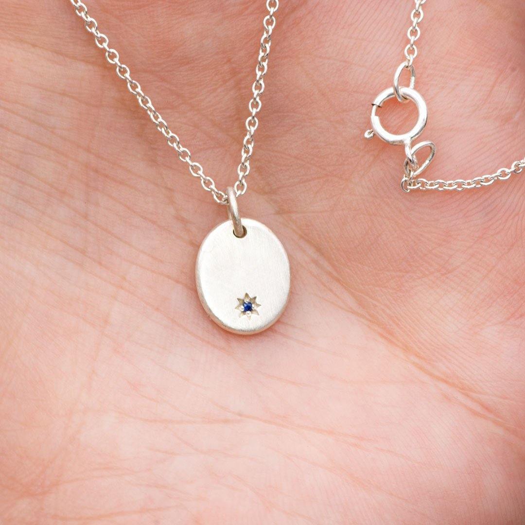Tiny Oval Shape Sterling Silver Pendant Necklace with Star Set Australian Blue Sapphire, Ready to Ship Sterling Silver Necklace / Pendant by Nodeform