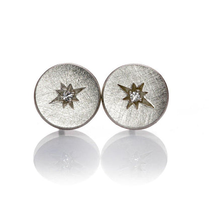 Moissanite Star Set Round Sterling Silver Disk Stud Earrings, Ready to Ship Sterling Silver Earrings by Nodeform