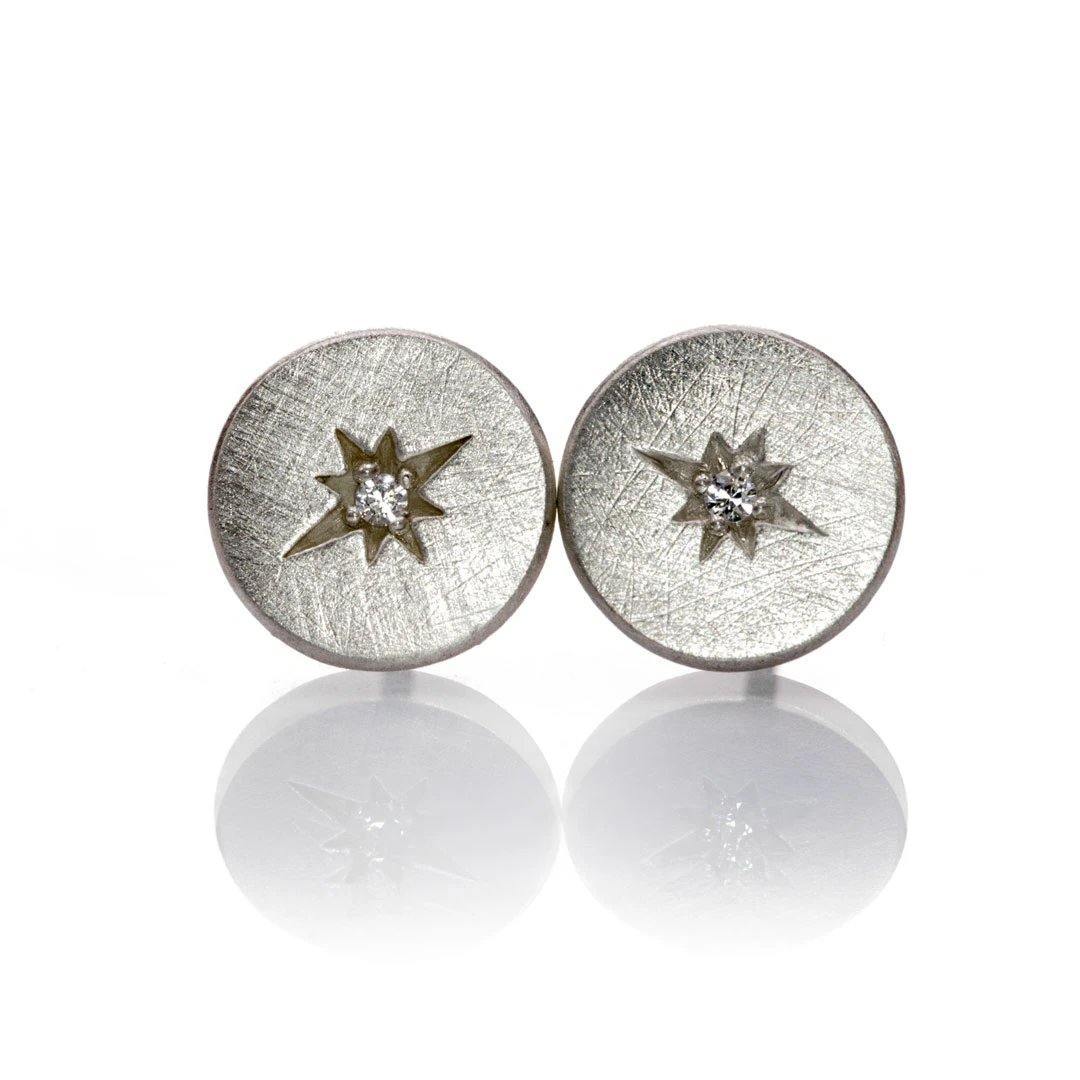 Diamond Star Set Round Sterling Silver Disk Stud Earrings Sterling Silver Earrings by Nodeform