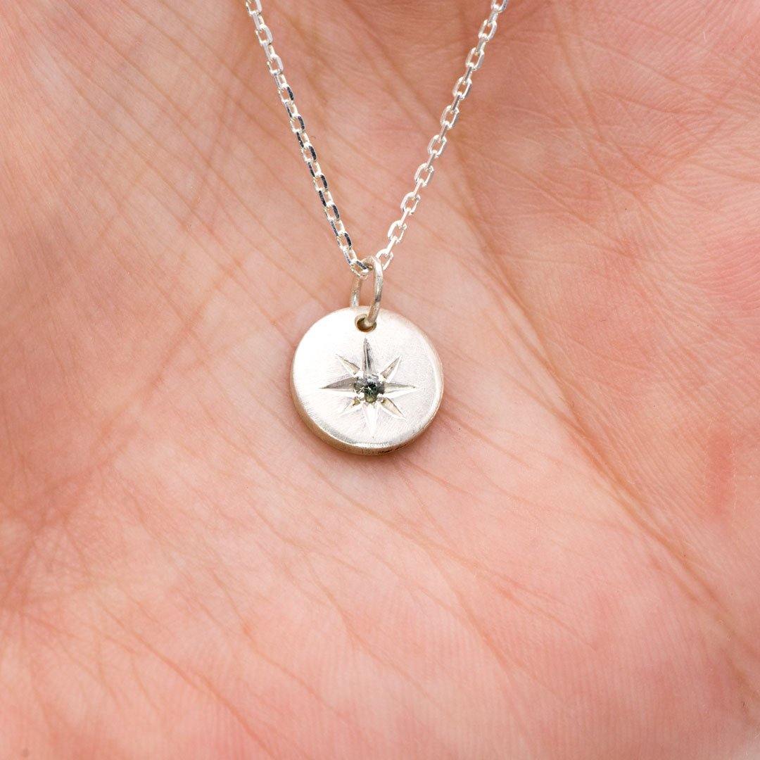 Tiny Round Sterling Silver Pendant Necklace with Star Set Pastel Blue-green Montana Sapphire, Ready to Ship Sterling Silver Necklace / Pendant by Nodeform