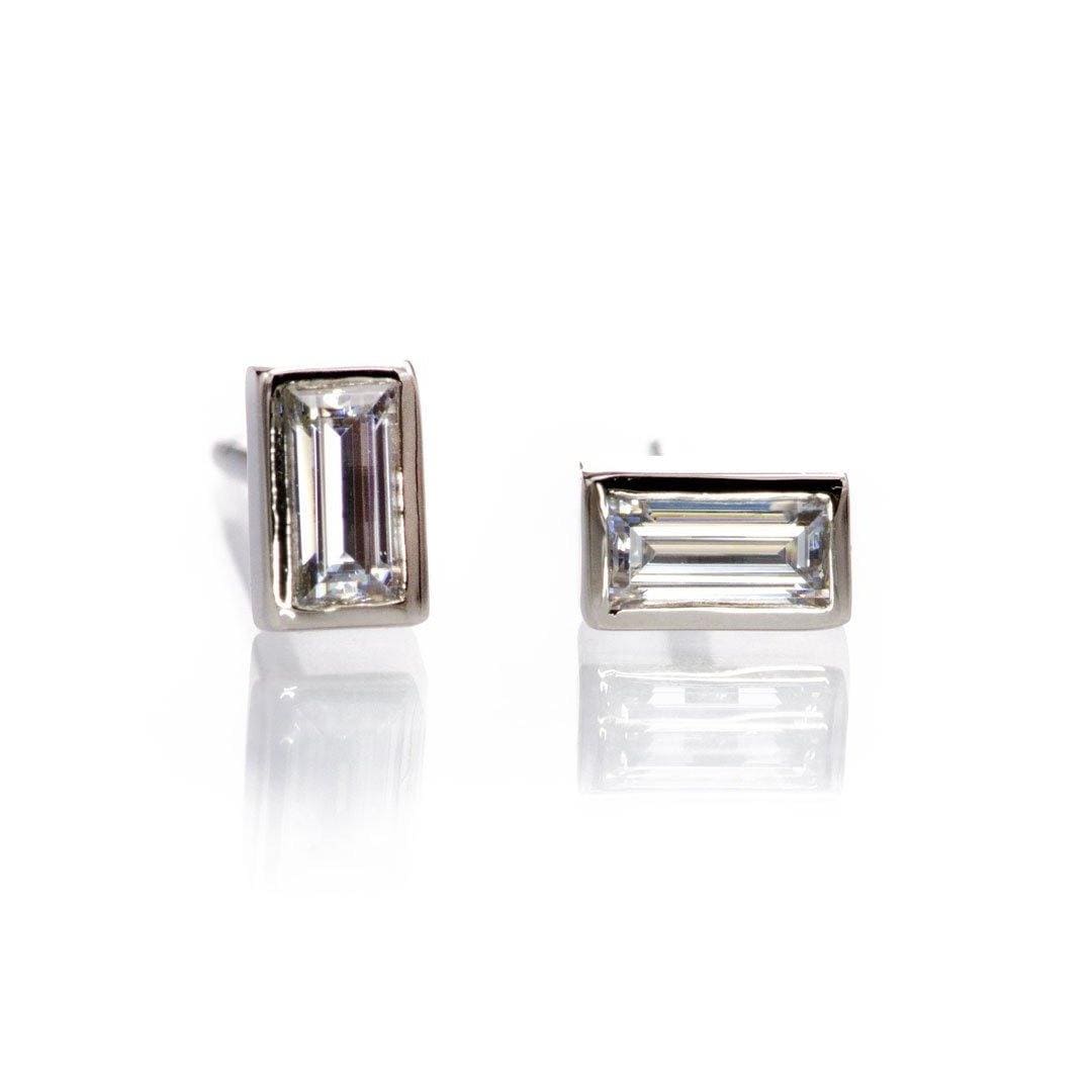 Simple Baguette Lab-Grown Diamond Bezel Set Stud Earrings 14k Nickel White Gold Earrings by Nodeform