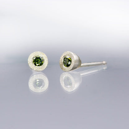 Green Diamond Tiny Textured Sterling Silver Stud Earrings Sterling Silver Earrings by Nodeform
