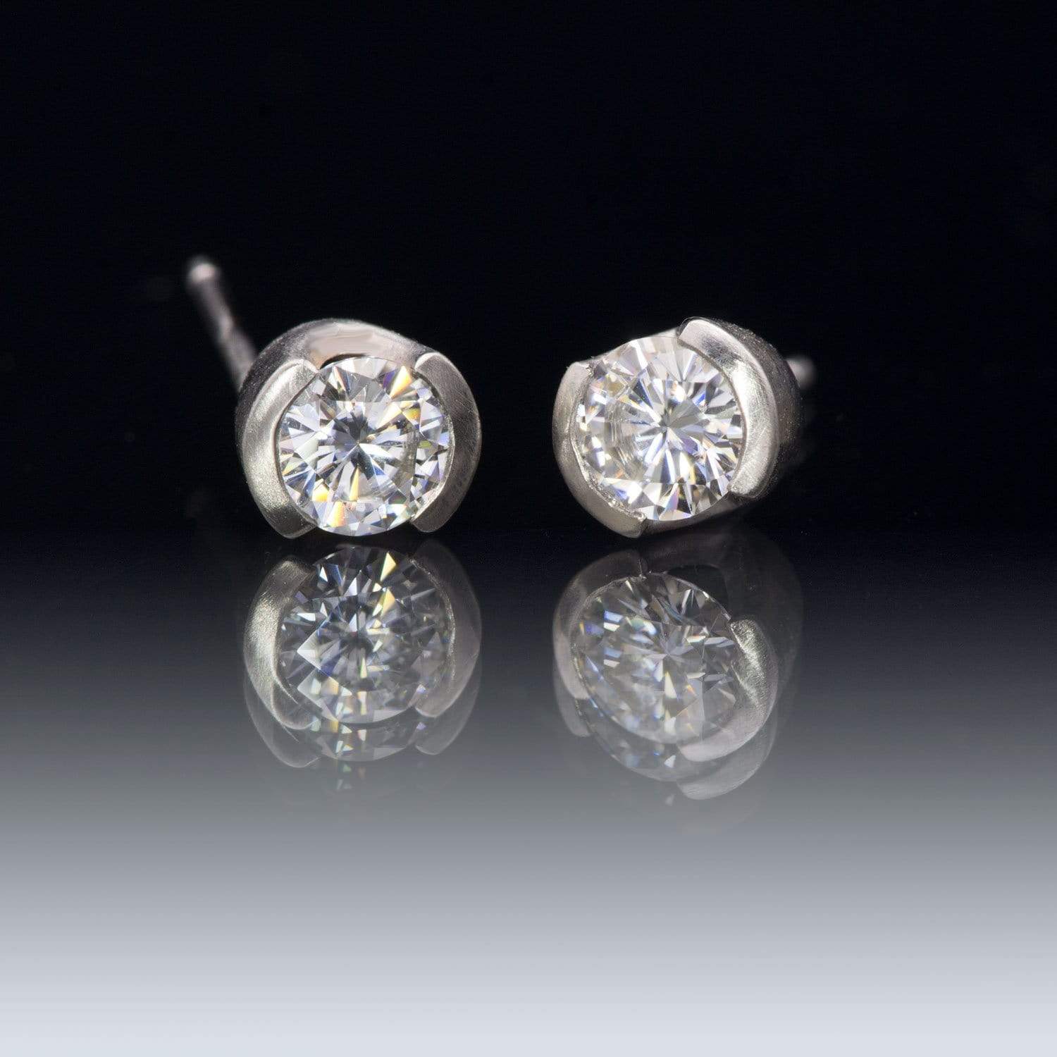 Forever One Moissanite Half Bezel Gold or Platinum Studs Earrings 4mm Near-colorless Forever One Moissanite / 14k White Gold (contains Nickel - Rhodium-Plated) Earrings by Nodeform