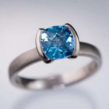 Cushion London or Swiss Blue Topaz Half Bezel Statement Ring Ring by Nodeform