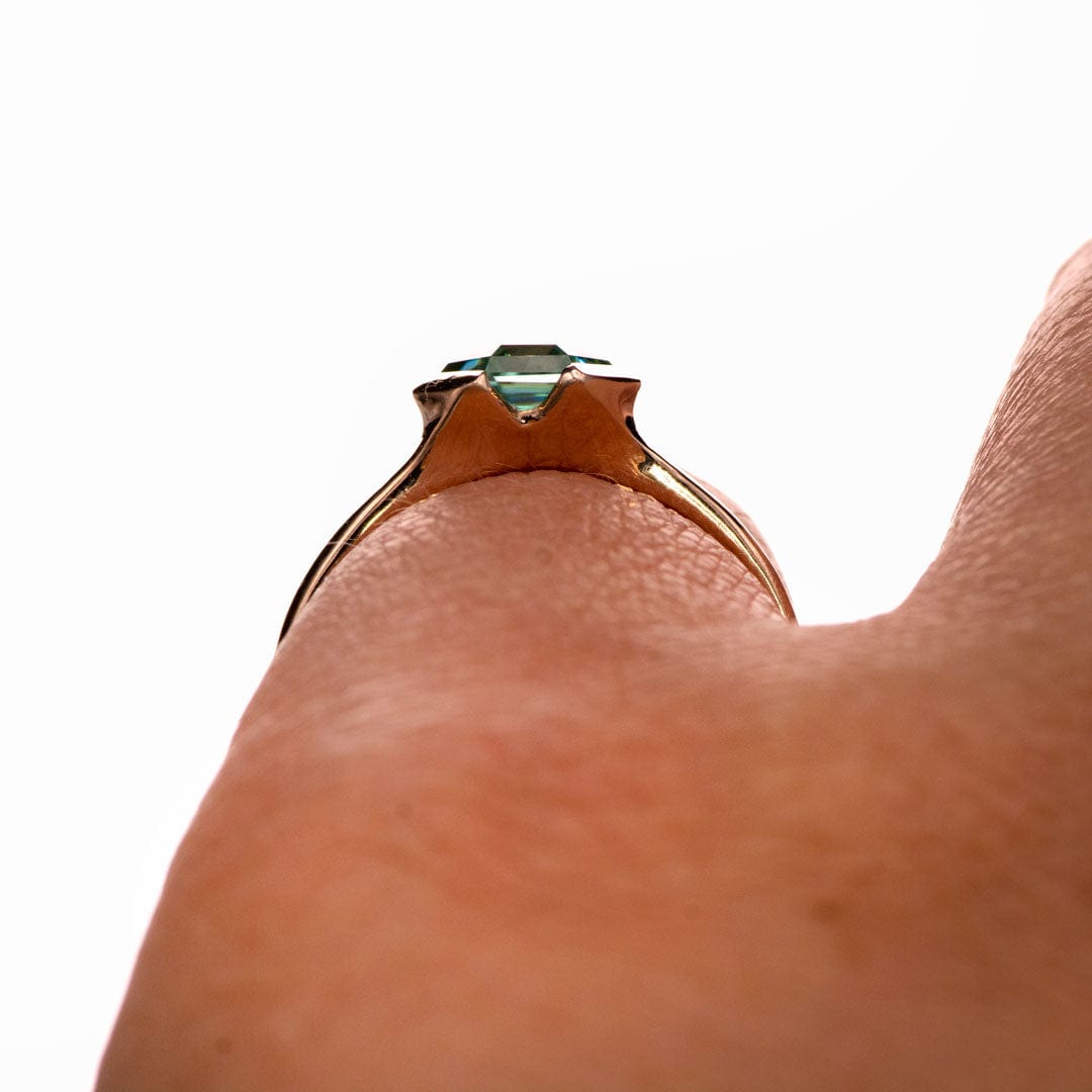 Half Bezel Set Hexagon Teal Moissanite 14k Rose Gold Signet Solitaire Ring, Ready to Ship Ring Ready To Ship by Nodeform