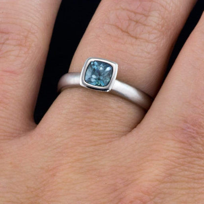 Teal Green/Blue Cushion Fair Trade Sapphire Bezel Solitaire Engagement Ring Ring by Nodeform