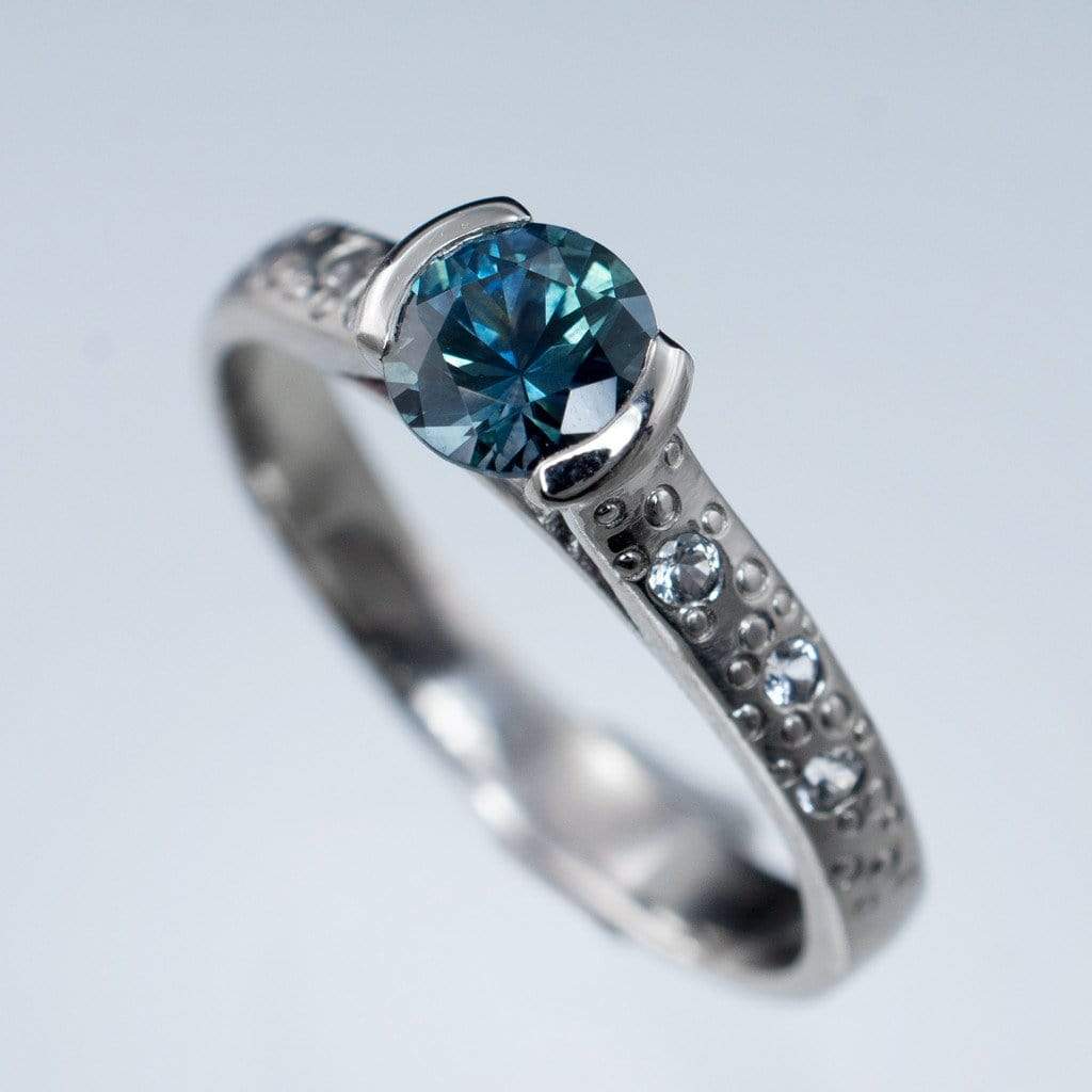 Fair Trade Teal/Blue Montana Sapphire Half Bezel White Sapphire Star Dust Engagement Ring 5mm Teal Sapphire: C/D / 14k Nickel White Gold (Not Rhodium Plated) Ring by Nodeform