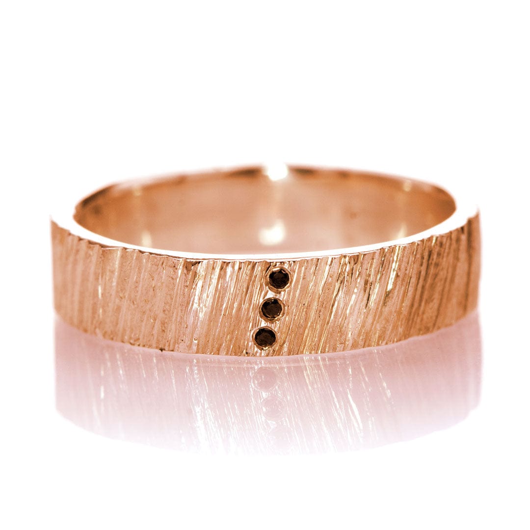 Saw Cut Texture Wedding Band With 3 Black Diamond Accents 3.5mm wide / 14k Rose Gold Ring by Nodeform