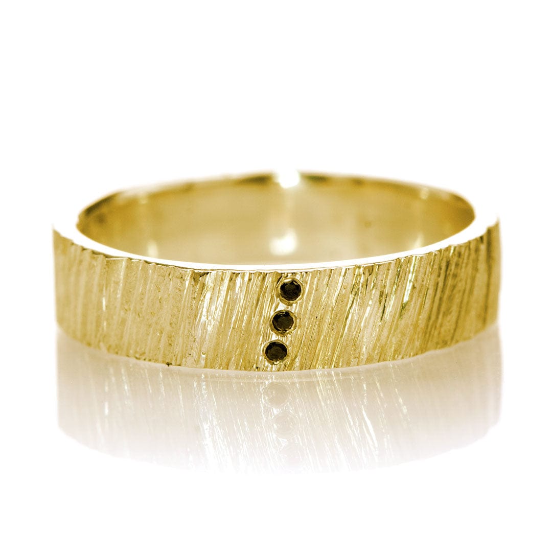 Saw Cut Texture Wedding Band With 3 Black Diamond Accents 3.5mm wide / 14k Yellow Gold Ring by Nodeform