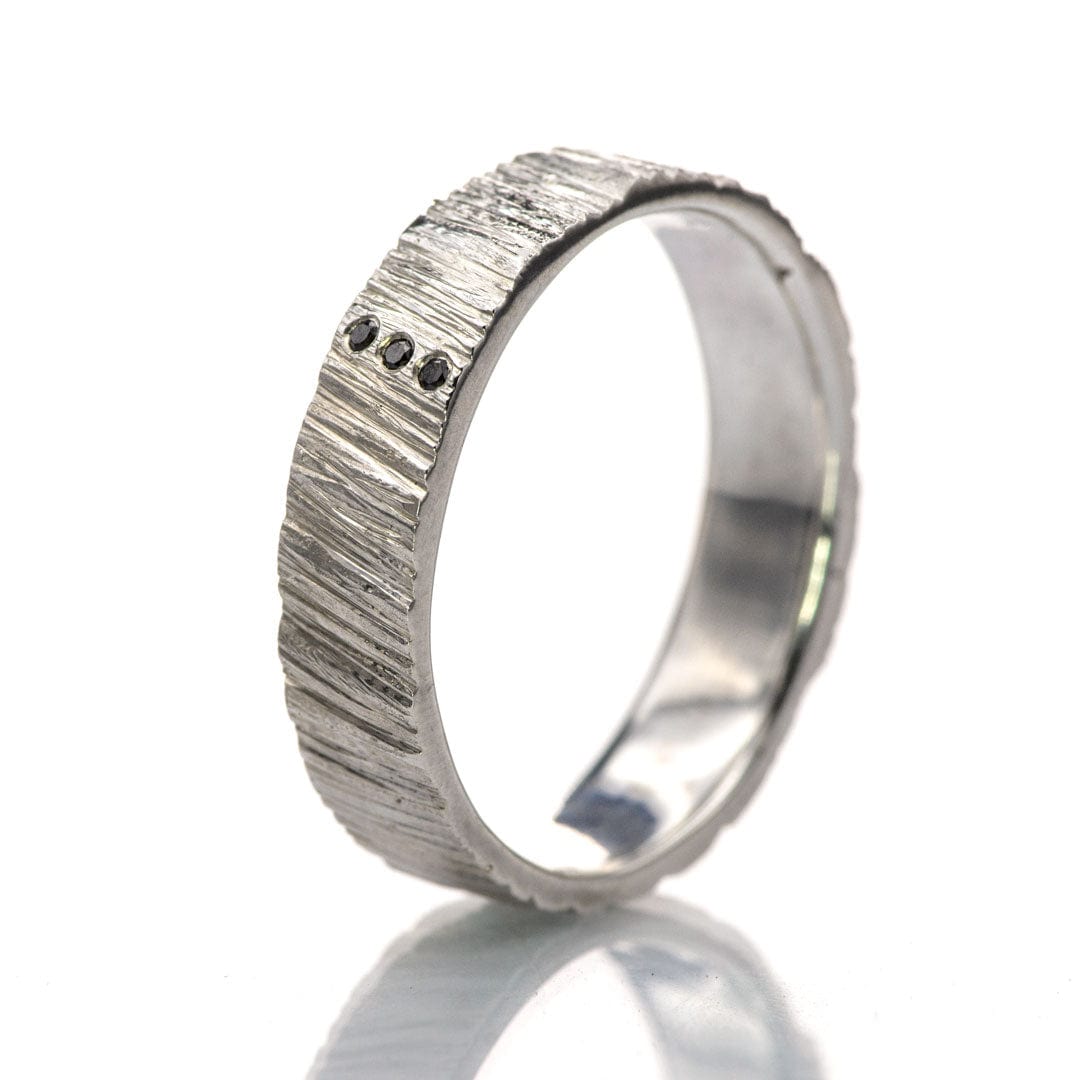 Saw Cut Texture Wedding Band With 3 Black Diamond Accents Ring by Nodeform