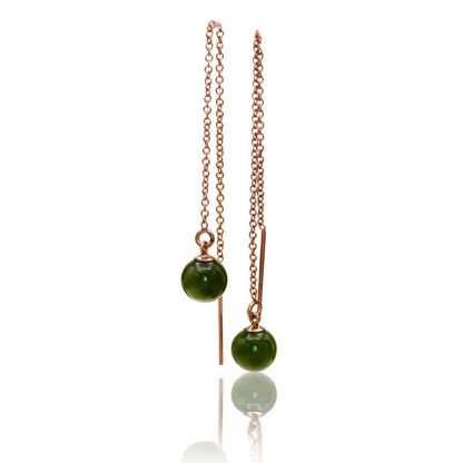 Jade Beads Long Threader Earrings in 14kGF Rose Gold Filled, Ready to Ship Jade 14kRGF Treader Earrings by Nodeform
